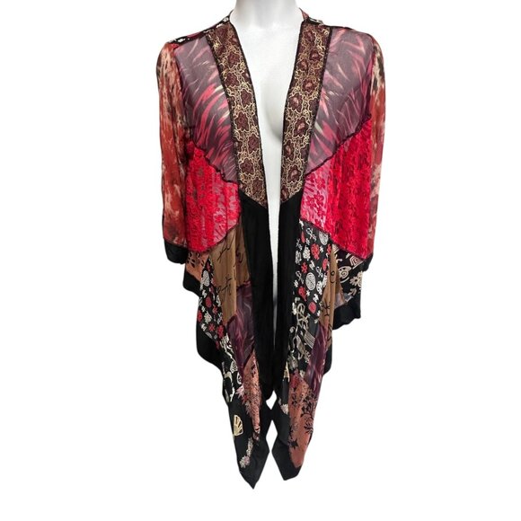Boho Patchwork Kimono Cardigan Sheer Open Front Asymmetric One Size Rayon - Picture 1 of 9